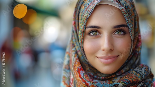 Horizontal close-up of a Muslim girl with a peaceful smile, wearing a traditional headscarf, with a softly focused background photo