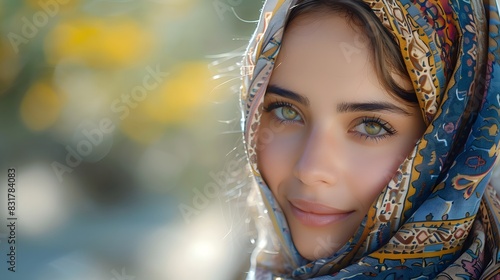 Horizontal close-up of a Muslim girl with a peaceful smile, wearing a traditional headscarf, with a softly focused background
