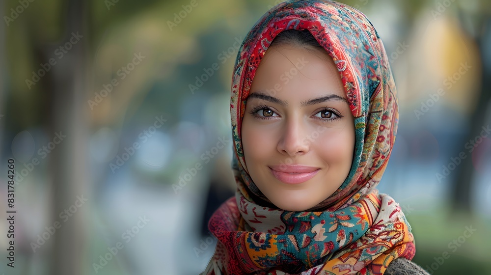 Wide portrait of a Muslim woman wearing a vibrant hijab, smiling confidently, with a scenic outdoor background. List of Art Media illustration Wide portrait of a Muslim woman wearing a vibrant hijab, smiling confidently, with a scenic outdoor background. List of Art Media illustration