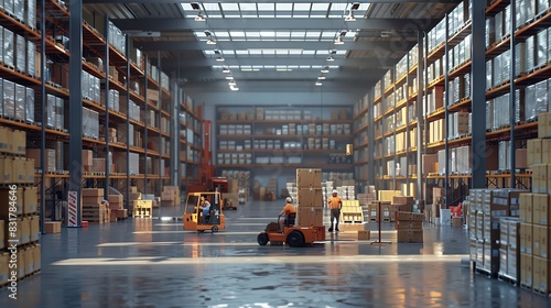 Warehouse with workers packing boxes, realistic textures