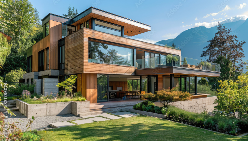 Modern house with wooden cladding and large windows, surrounded by greenery in the mountains. The building has an elegant design featuring geometric shapes, while concrete walls add to its modern aest