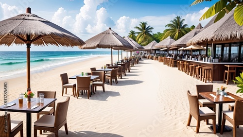 Idyllic Beachfront Coffee Shop with Straw Umbrellas and Ocean Views
