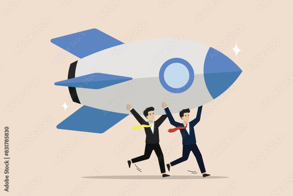 Entrepreneur or startup company, teamwork help develop to launch new project, cooperation concept, two business people carrying rocket to launch. Entrepreneur or startup company, teamwork help develop to launch new project, cooperation concept, two business people carrying rocket to launch.