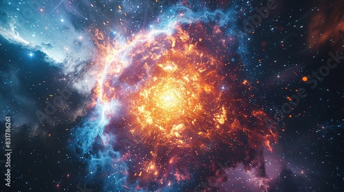 A detailed close-up of a supernova explosion, with the remnants of a massive star scattering into space, leaving behind a vibrant and colorful nebula. photo