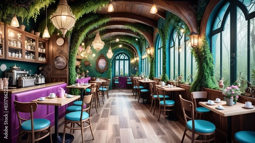 Whimsical Garden-Themed Coffee Shop with Vibrant Decor © giovanni