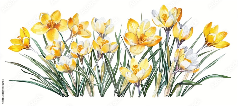 A cheerful bouquet of yellow crocuses flowers brightens a white background.