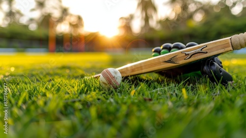 Close-up of cricket equipment including a bat, ball, and gloves placed on a well-manicured green lawn, with the out-of-focus cricket pitch adding depth to the scene photo