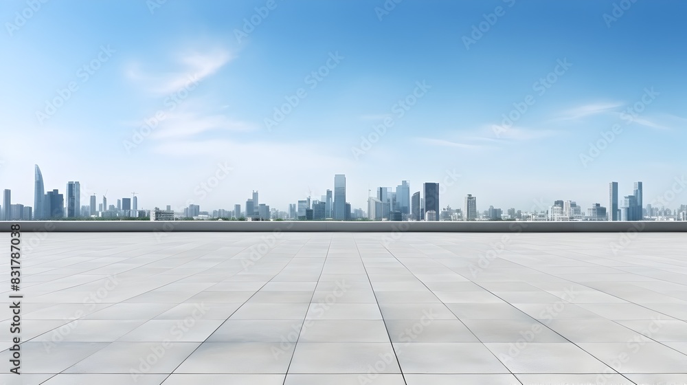 Expansive Cityscape with Pristine Skyline and Empty Concrete Floor