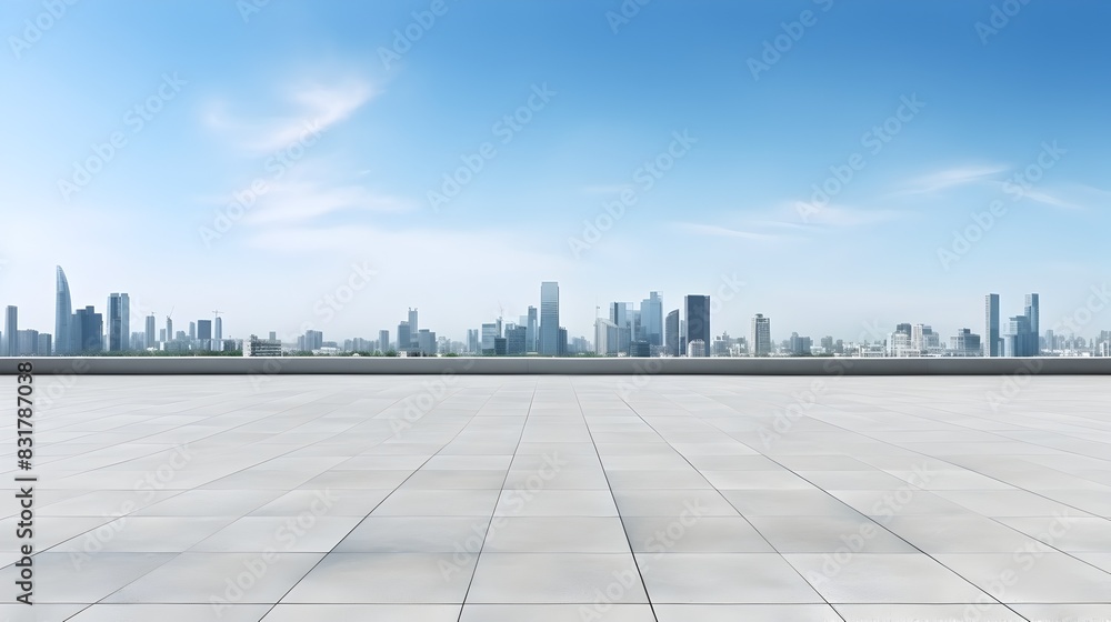 Fototapeta premium Expansive Cityscape with Pristine Skyline and Empty Concrete Floor