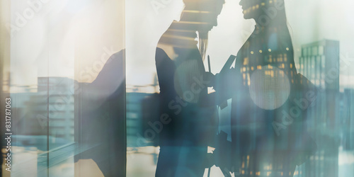 A sophisticated double exposure image of business professionals in an office, blending their silhouettes with reflections to symbolize corporate synergy and modern business dynamics.