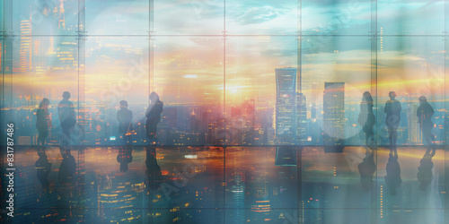 Business executives reviewing documents in a high-rise office, their silhouettes merging with the cityscape, illustrating the integration of business and urban life.