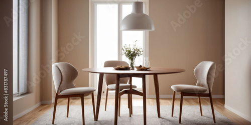Wallpaper Mural A modern, minimalist dining room with a small, round table and chairs, surrounded by a neutral color palette. Torontodigital.ca