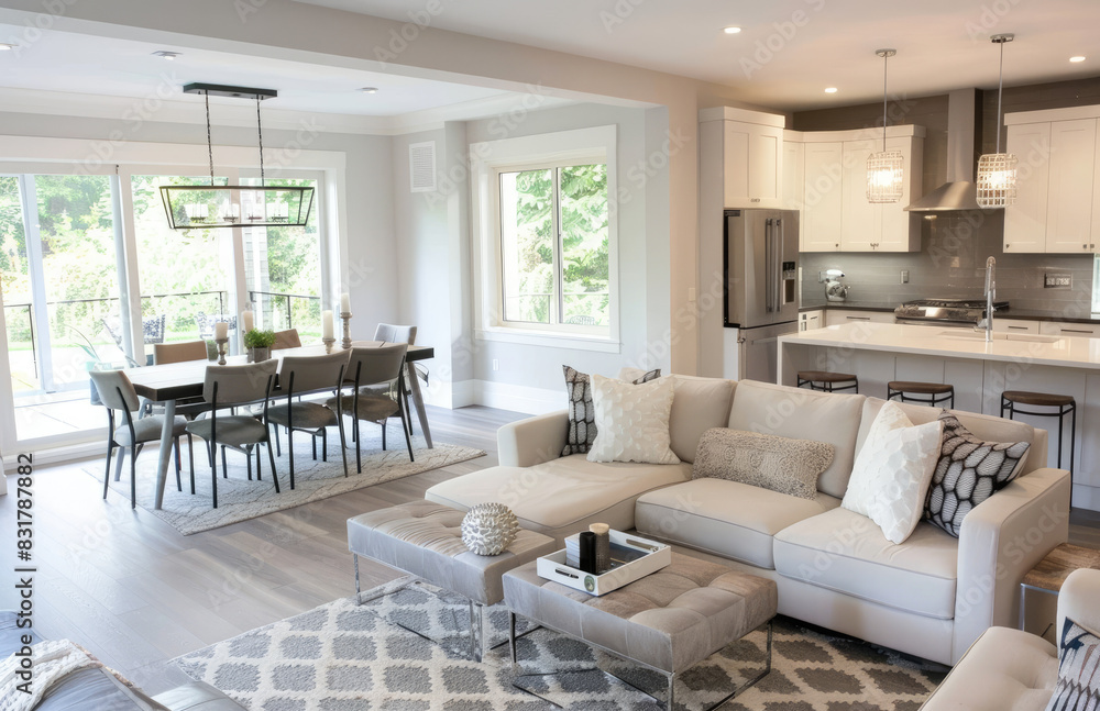 an open concept living room and kitchen in white with grey wood floors, light gray walls, white cabinets, stainless steel appliances, a cozy and inviting ambiance, white couches, a dining table