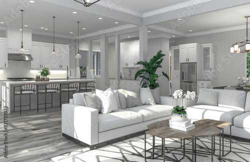 an open concept living room and kitchen in white with grey wood floors  light gray walls  white cabinets  stainless steel appliances  a cozy and inviting ambiance  white couches  a dining table