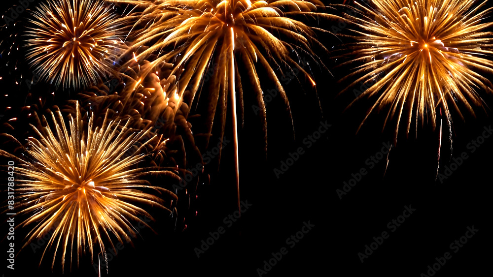 Fireworks on black background, flash golden explosions, salute with golden flashes, holiday festive backdrop. Generative AI. Fireworks on black background, flash golden explosions, salute with golden flashes, holiday festive backdrop. Generative AI.