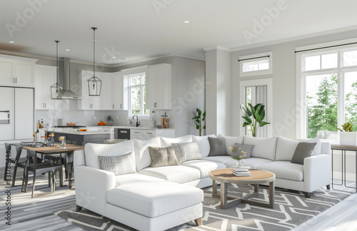 an open concept living room and kitchen in white with grey wood floors, light gray walls, white cabinets, stainless steel appliances, a cozy and inviting ambiance, white couches, a dining table