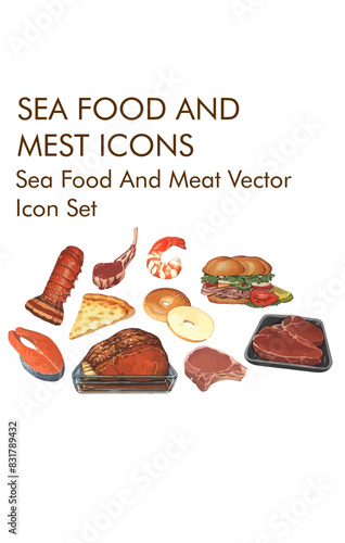 Seafood and meat logo vector icon set 
