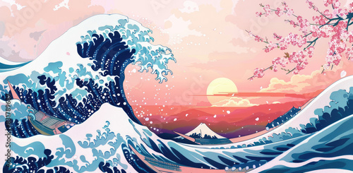 The Great Wave off Kanagawa with cherry blossoms, in the traditional Japanese art style, vector illustration, flat design