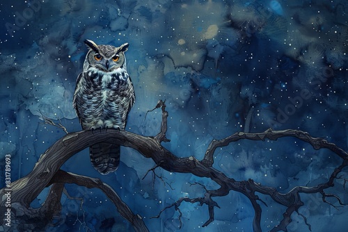 Serene Watercolor Portrait of a Wise Old Owl Perched on a Branch Under a Starry Night Sky photo