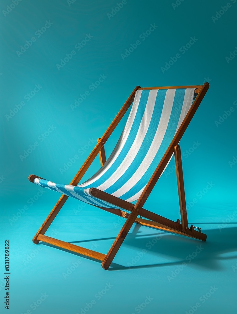 A beach chair sits alone against a cyan backdrop, embodying summer vibes in a minimalist studio shot A beach chair sits alone against a cyan backdrop, embodying summer vibes in a minimalist studio shot
