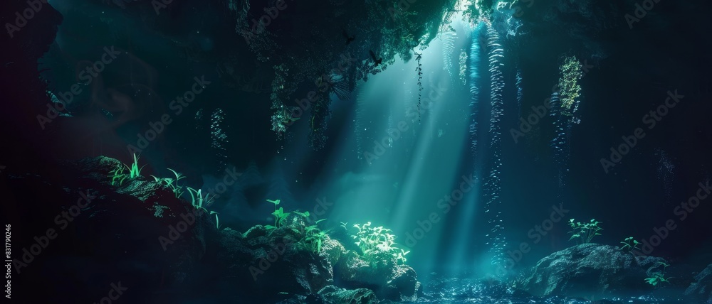 Obraz premium A serene underwater cave illuminated by sunlight rays, showcasing diverse marine life and vibrant aquatic plants.
