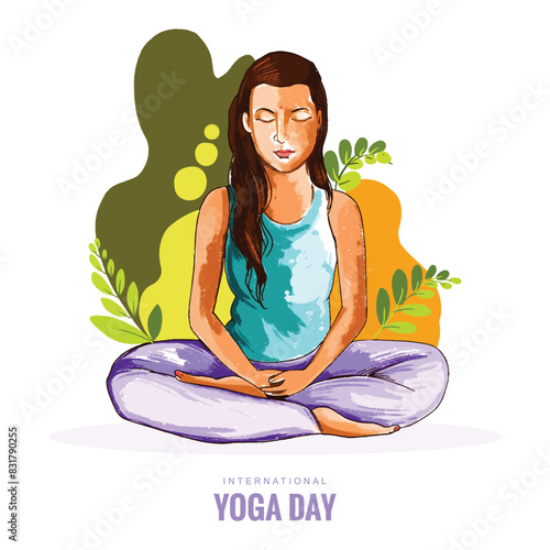 International yoga day with woman doing yoga pose watercolor design