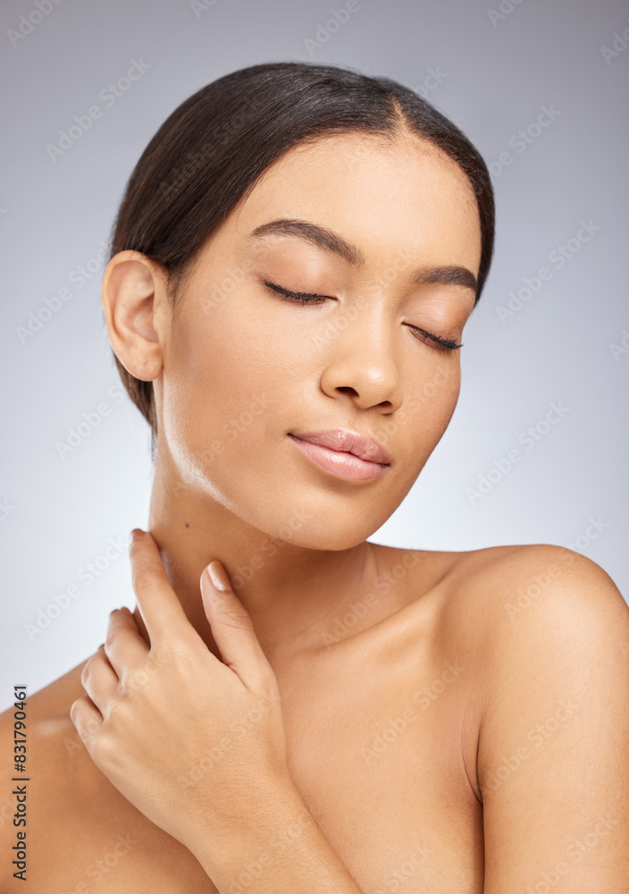 Skincare, woman and face for aesthetic, cosmetics and routine facial treatment. Spa, wellness and skin glow dermatology on white studio background with elegant model, beauty and luxury collagen shine Skincare, woman and face for aesthetic, cosmetics and routine facial treatment. Spa, wellness and skin glow dermatology on white studio background with elegant model, beauty and luxury collagen shine