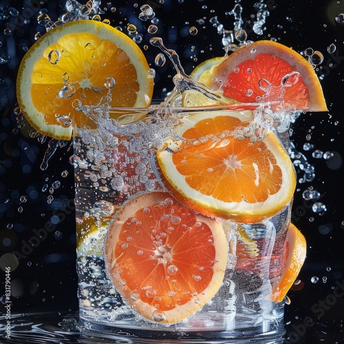 Slices of citrus fruits being dropped into a glass of sparkling water  creating bubbles and splashes.