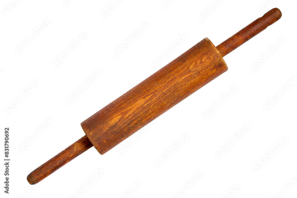 Old wooden rolling pin isolated on white background. Brown homemade rolling pin close-up. Old wooden rolling pin isolated on white background. Brown homemade rolling pin close-up.