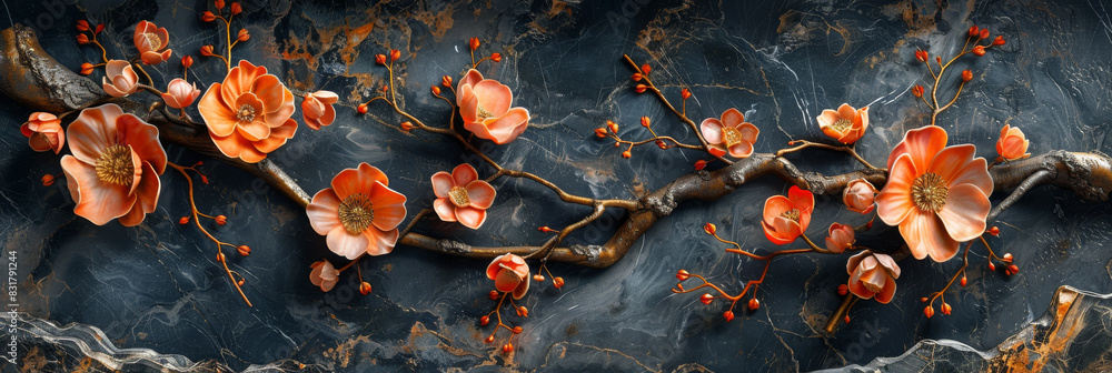 panel wall art, wall decoration, marble background with flowers designs panel wall art, wall decoration, marble background with flowers designs