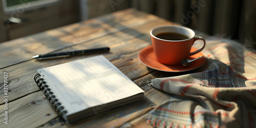 Coffee cup notebook and pencil on a desk a scene of business ideation in a cozy setting
