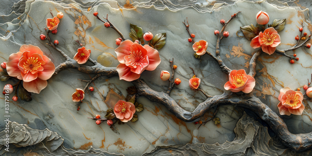 panel wall art, wall decoration, marble background with flowers designs panel wall art, wall decoration, marble background with flowers designs