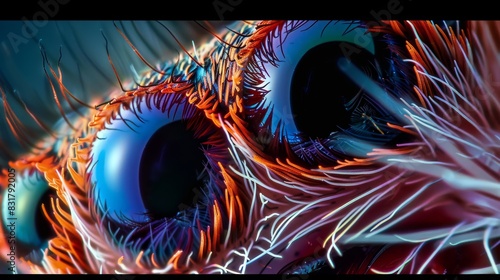 A stunning microscope image of a spider's eye, displaying the detailed structure and arrangement of the eye's components. The high magnification captures the complexity of arachnid vision. photo