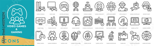 Video Games & Gaming icon set. Gaming Console, Video Game, Controller Design, Online Gaming, Console Gaming, Gaming Community, Game Development and Virtual Reality