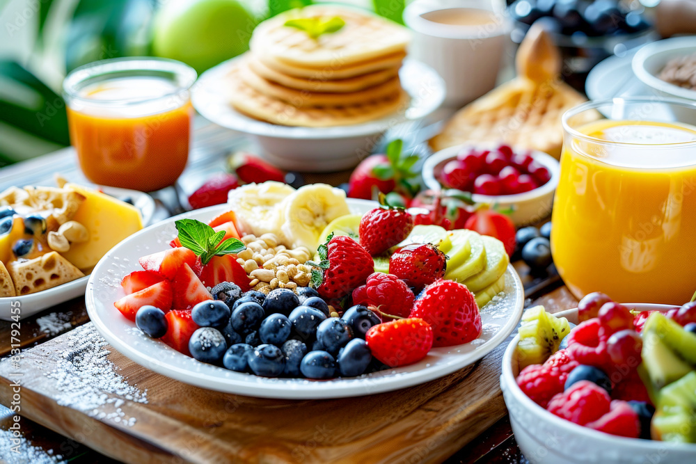 Colorful breakfast with fresh fruits, waffles, and juice on a sunny morning. Colorful breakfast with fresh fruits, waffles, and juice on a sunny morning.