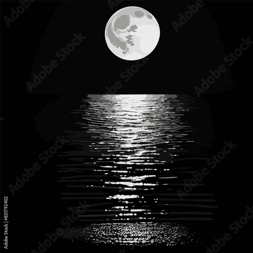Moon over sea at night. Moonlight path. Vector. Blue