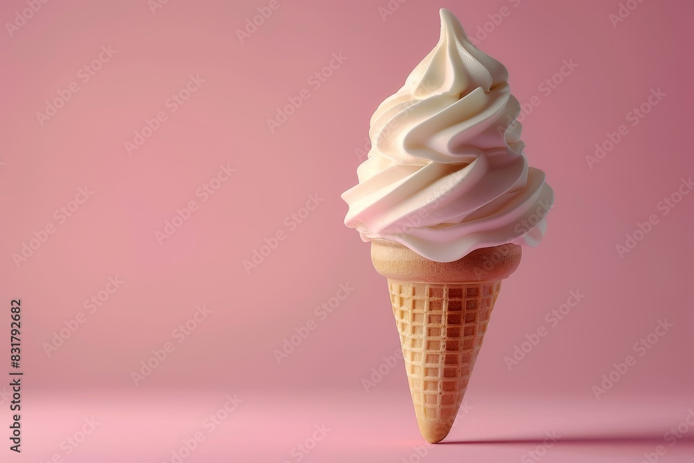 An ice cream cone isolated on a pastel pink background with space for text, studio lighting, minimalist photo, and summer concepts