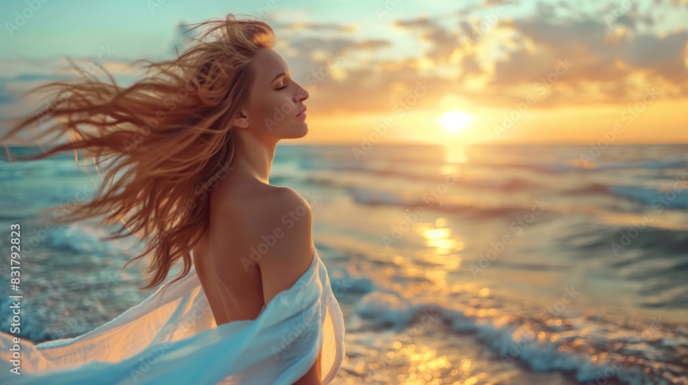 A young woman with flowing hair enjoying the sunset on the beach, embracing serenity and freedom in peaceful nature. The scene is tranquil, with a beautiful sunset glow over the horizon A young woman with flowing hair enjoying the sunset on the beach, embracing serenity and freedom in peaceful nature. The scene is tranquil, with a beautiful sunset glow over the horizon