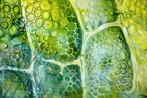 A high-magnification microscope view of a section of leaf tissue, revealing the detailed cellular structure and chloroplasts. The intricate image showcases the functionality and beauty of plant cells. photo