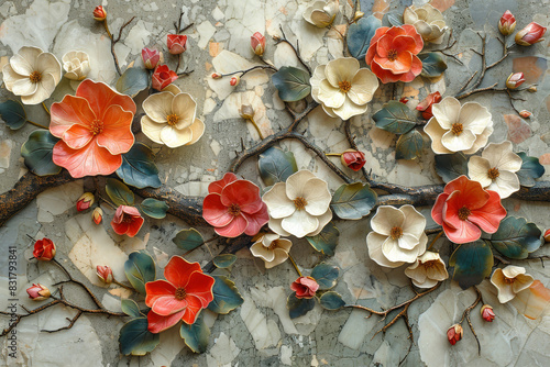 panel wall art, wall decoration, marble background with flowers designs © VertigoAI
