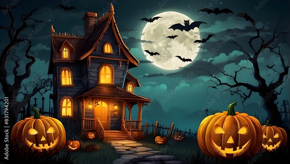Halloween night background with a haunted house pumpkin.generative.ai Halloween night background with a haunted house pumpkin.generative.ai