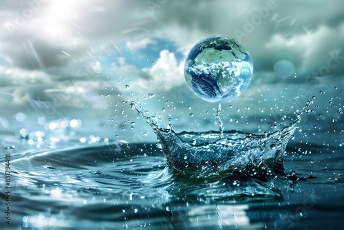 An illustration of Earth emerging from a water splash against a dramatic sky  symbolizing environmental themes