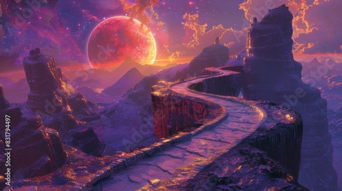 Artistic 3D illustration of a surreal landscape, featuring winding pathways, unusual geological formations, and a vibrant, colorful sky, creating an imaginative and fantastical scene, formatted in photo