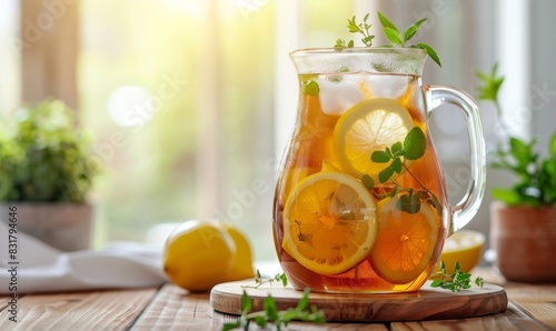A pitcher of homemade iced tea filled with lemon wedges and fresh herbs. Perfect for cool drinks in the summer. photo
