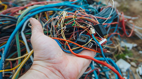 A jumble of wires and cables tangled on the ground ,generative ai