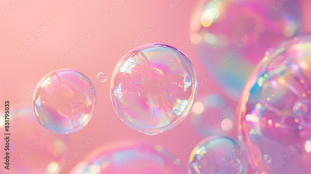 Close-Up of Iridescent Soap Bubbles Floating on Pink Background Close-Up of Iridescent Soap Bubbles Floating on Pink Background
