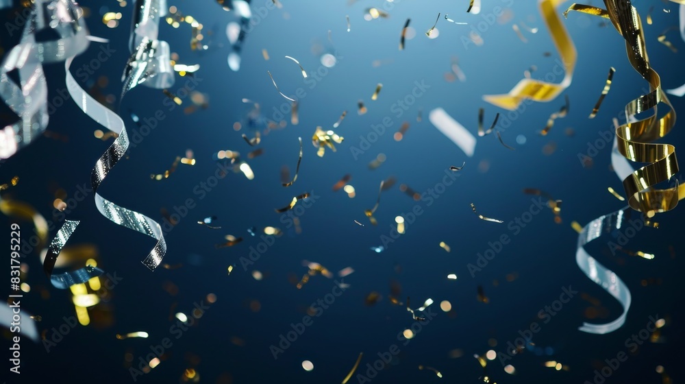 An elegant party scene with shimmering silver and gold streamers falling against a deep blue background. The top half of the image is clear, providing ample copy space for adding text or graphics,