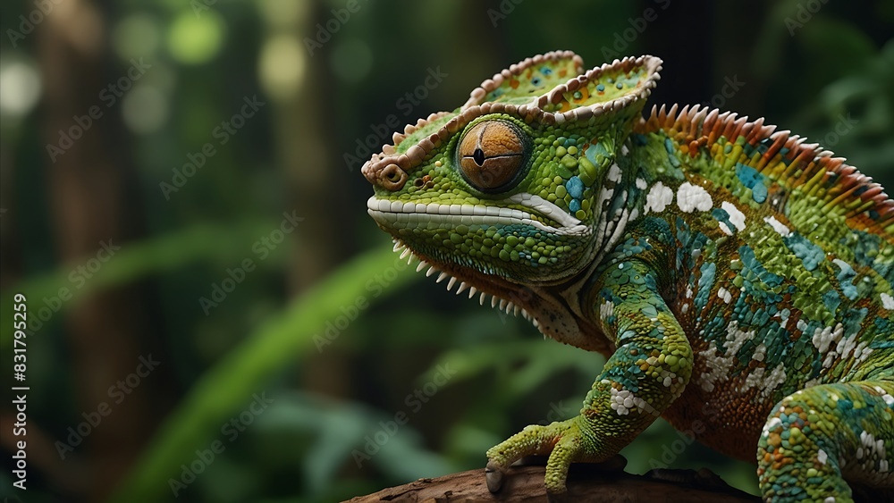 Fototapeta premium portrait of a beautiful green and colorful iguana relaxing on a tree trunk with a blurred background
