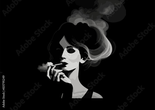 Vector pop art pin up illustration of a young sexy girl vaping e-cigarette. Excellent template advertising poster for vape shop