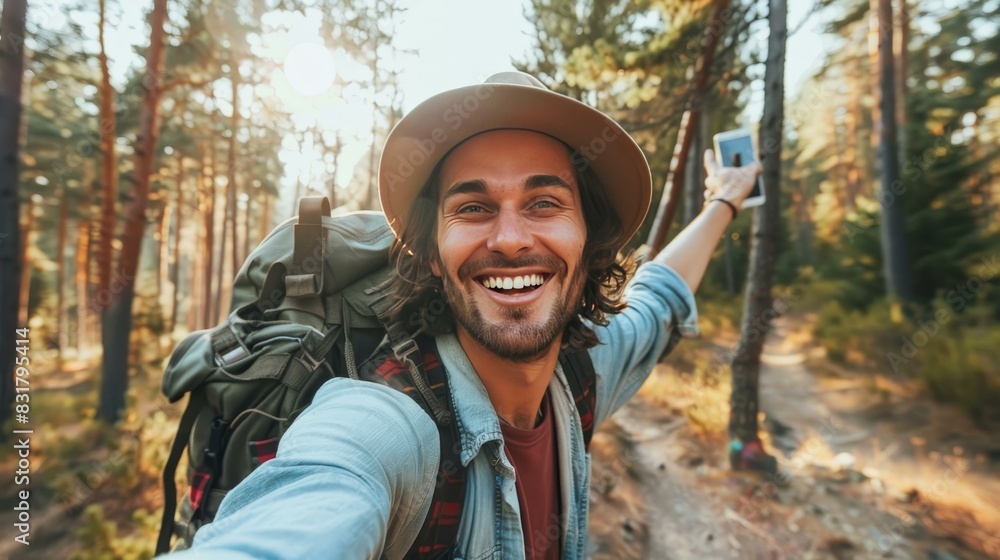 Man's cheerful forest selfie captures spirit of adventure. Great for travel campaigns, eco-tourism, and wanderlust themes. Man's cheerful forest selfie captures spirit of adventure. Great for travel campaigns, eco-tourism, and wanderlust themes.